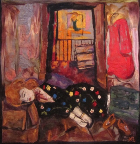 felted wool painting of a murdered woman